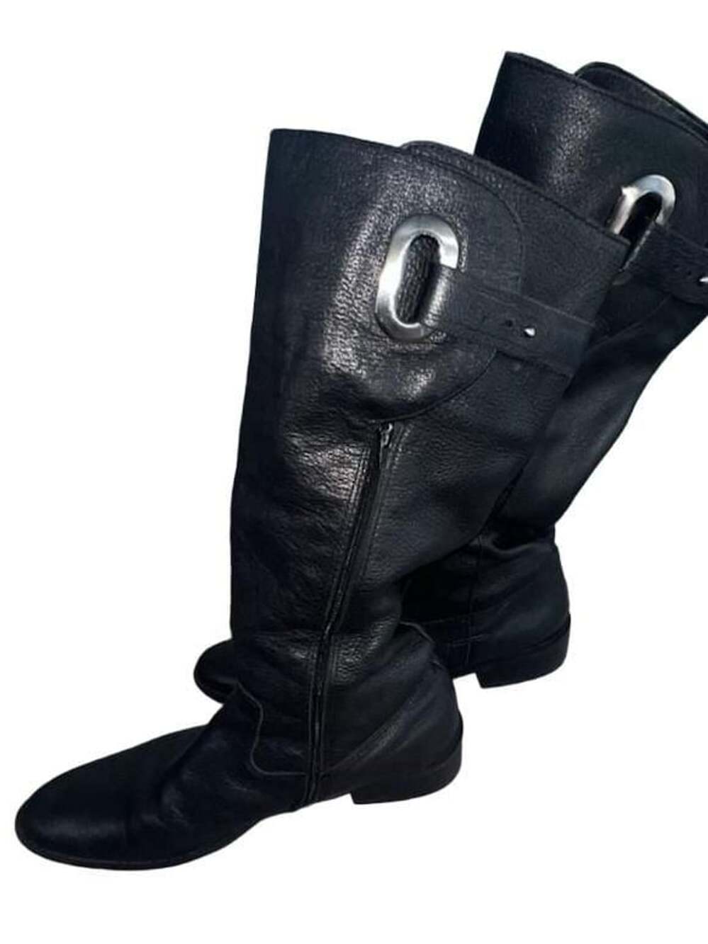 Isola Black Leather Knee High Riding Boots with Buckle Strap